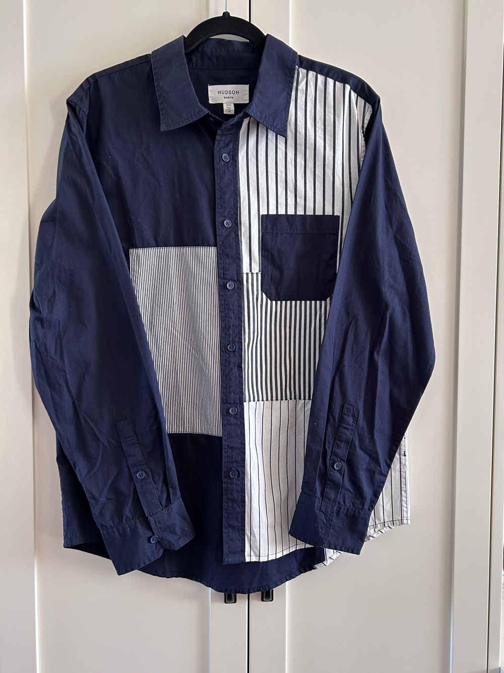 Hudson NORTH Navy and White Patchwork Stripe Button-Down Shirt